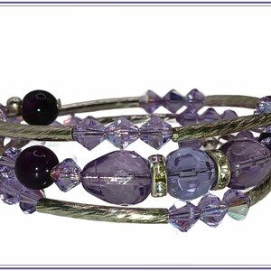 Shiny Purple Beads and Silver Memory Wire Bracelet